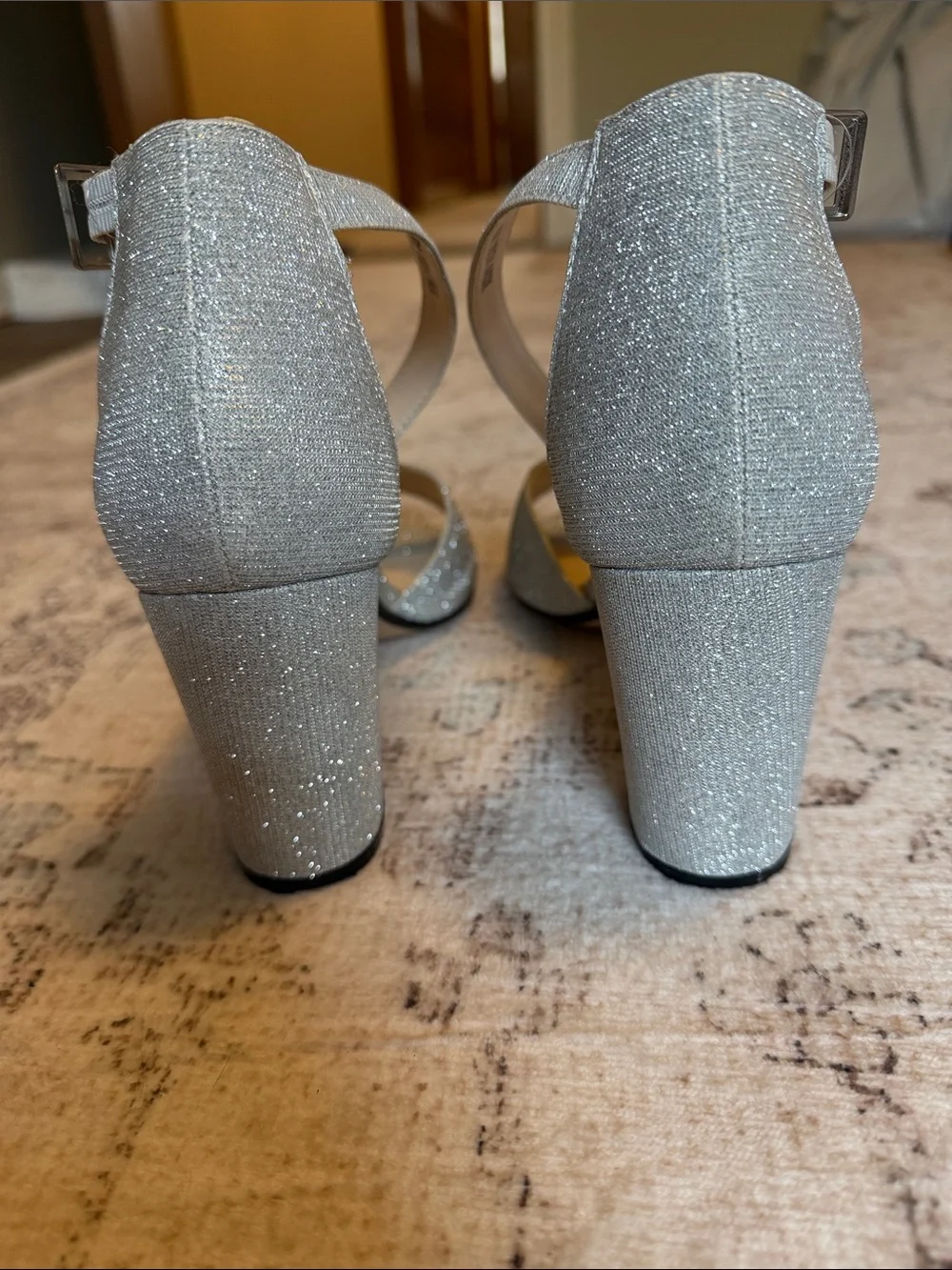 Benjamin Walk Silver Glitter Peep-Toe Ankle-Strap Block Heels